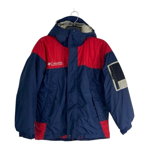 Columbia Youth Jacket Adult Size 14/16 Red Blue Puffer Zips Hood Pockets Ski